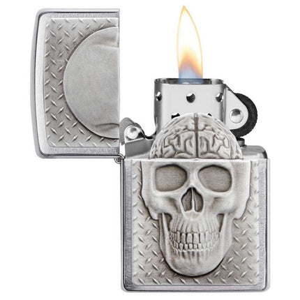 Zippo Lighter: Skull with Brain Surprise Emblem Brushed Chrome | 29818