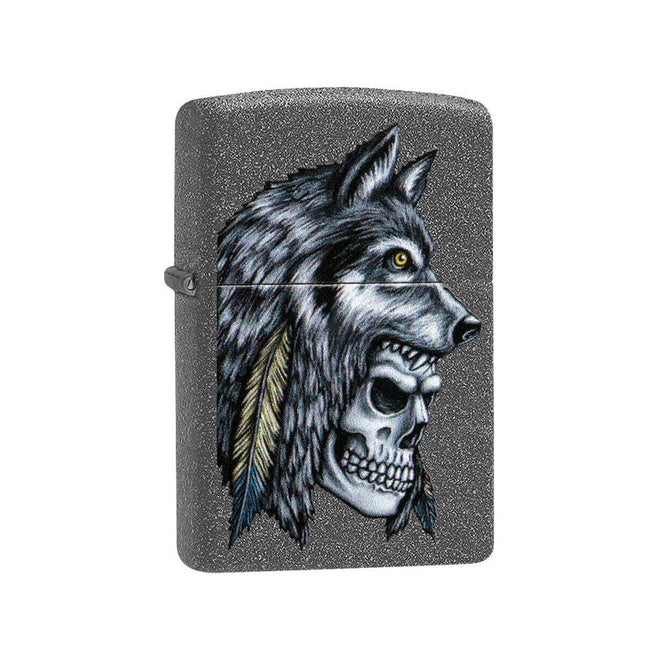 Zippo Lighter: Wolf Skull Feather Design | 29863