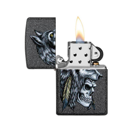 Zippo Lighter: Wolf Skull Feather Design | 29863