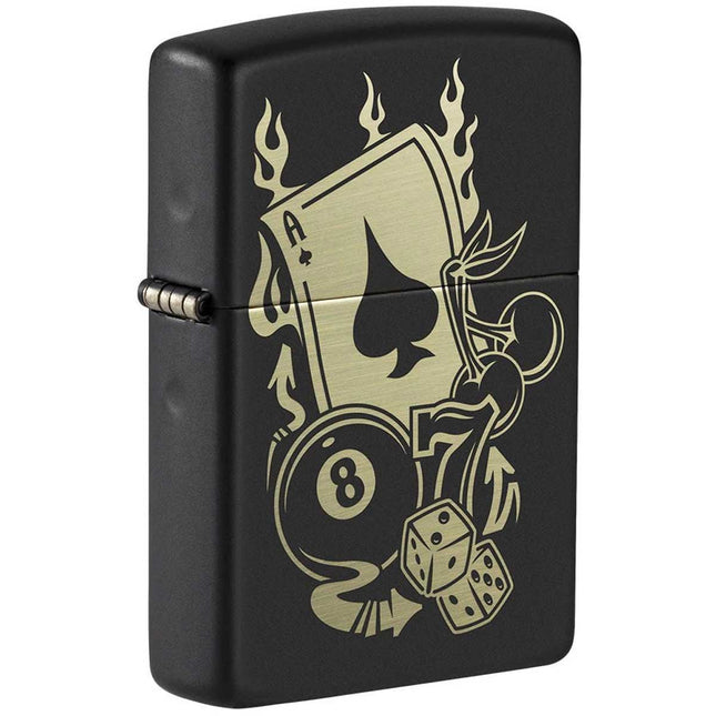 Zippo Lighter: Gambling Design Black Matte Finish | 49257