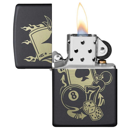 Zippo Lighter: Gambling Design Black Matte Finish | 49257