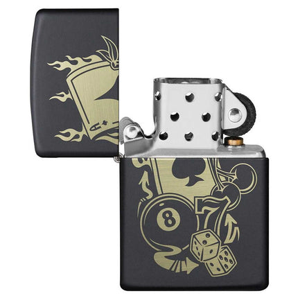 Zippo Lighter: Gambling Design Black Matte Finish | 49257