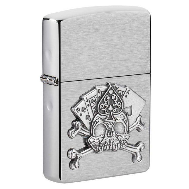 Zippo Lighter: Card Skull Emblem Design Brush Chrome Finish | 49293
