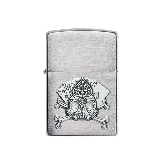 Zippo Lighter: Card Skull Emblem Design Brush Chrome Finish | 49293