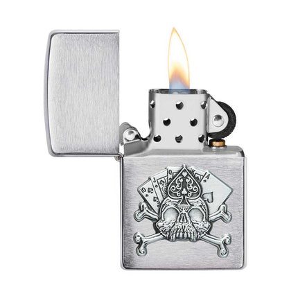 Zippo Lighter: Card Skull Emblem Design Brush Chrome Finish | 49293