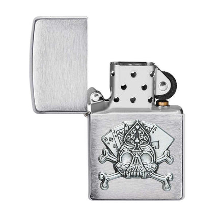 Zippo Lighter: Card Skull Emblem Design Brush Chrome Finish | 49293