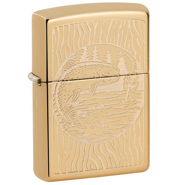 Zippo Lighter: Fisherman Design High Polish Brass Finish | 49610