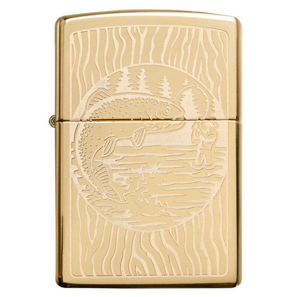 Zippo Lighter: Fisherman Design High Polish Brass Finish | 49610