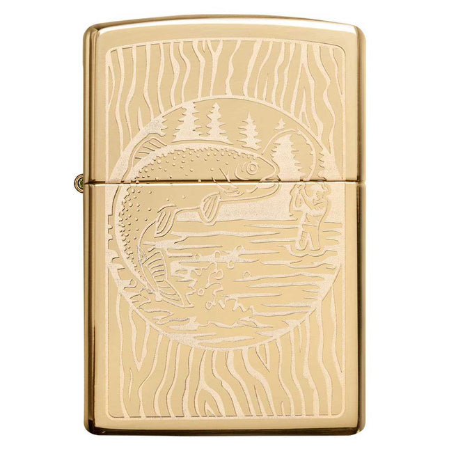 Zippo Lighter: Fisherman Design High Polish Brass Finish | 49610