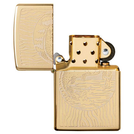 Zippo Lighter: Fisherman Design High Polish Brass Finish | 49610