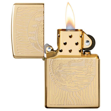 Zippo Lighter: Fisherman Design High Polish Brass Finish | 49610
