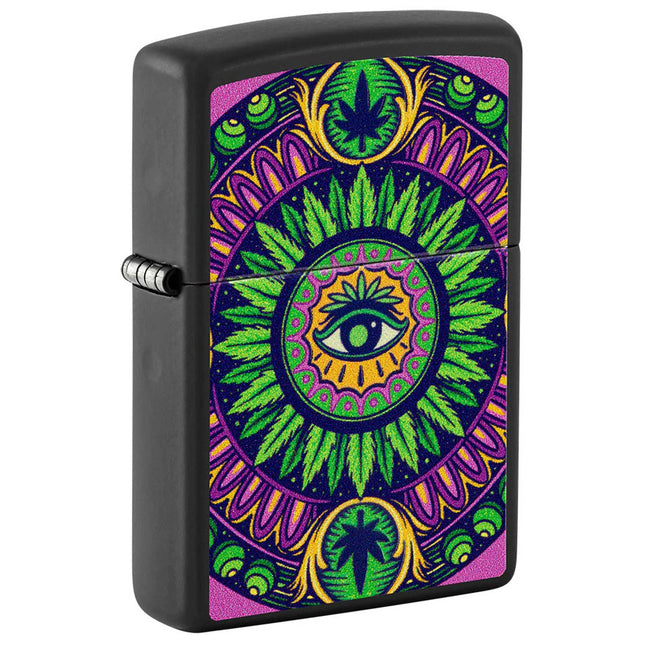 Zippo Windproof Lighter - Mandala-Style Cannabis Pattern Design Black Matte | 48583