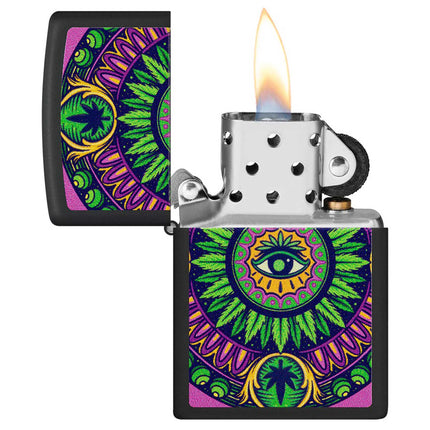 Zippo Windproof Lighter - Mandala-Style Cannabis Pattern Design Black Matte | 48583
