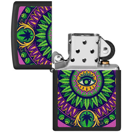 Zippo Windproof Lighter - Mandala-Style Cannabis Pattern Design Black Matte | 48583