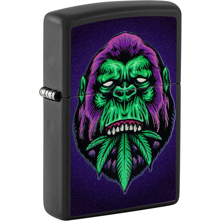 Zippo Lighter: Black Light Cannabis Gorilla Design Black Matte | 48585