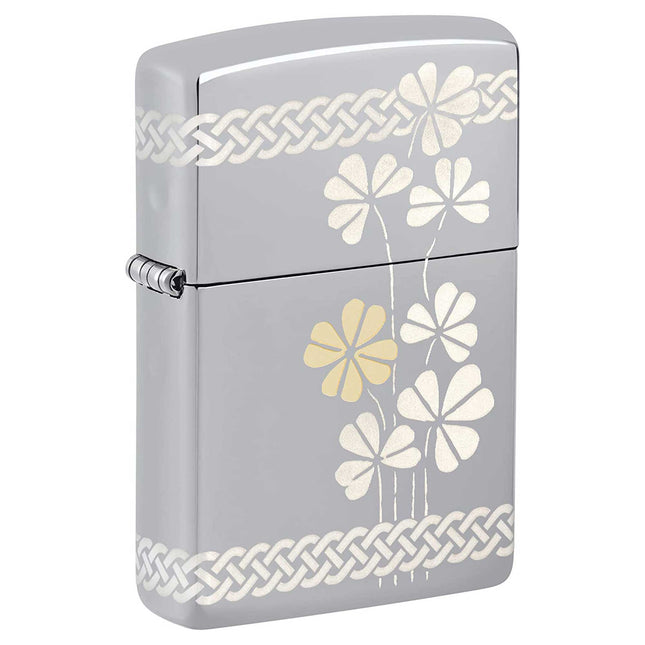 Zippo Windproof Lighter - Laser 360 Clover Design High Polish Chrome Metal | 48586