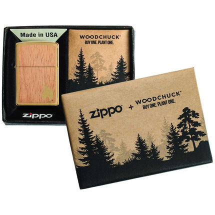 Zippo Lighter: Woodchuck Two-Sided Mahogany Emblem Brass Finish | 29901