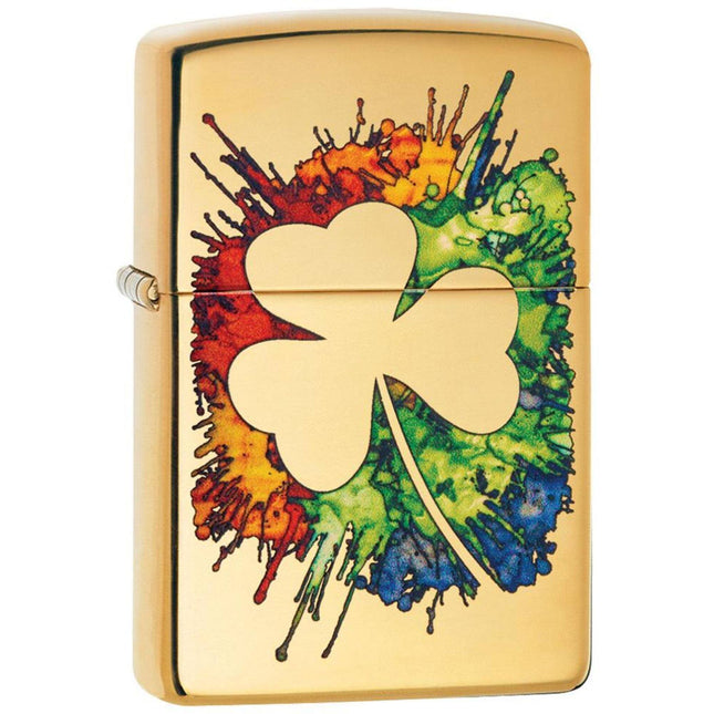 Zippo Lighter: Graffiti Clover Design High Polish Brass | 49125