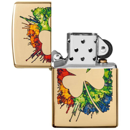 Zippo Lighter: Graffiti Clover Design High Polish Brass | 49125