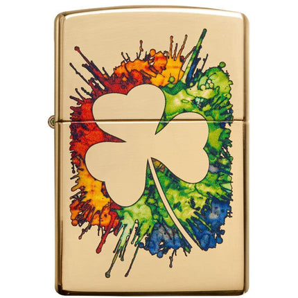 Zippo Lighter: Graffiti Clover Design High Polish Brass | 49125