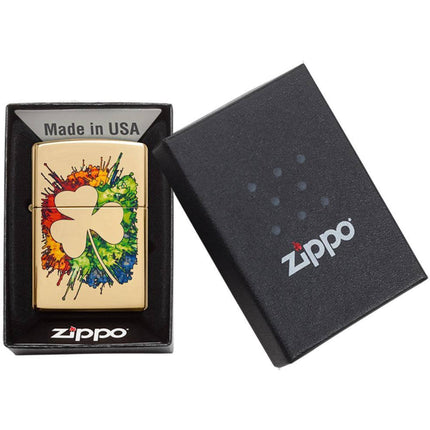 Zippo Lighter: Graffiti Clover Design High Polish Brass | 49125