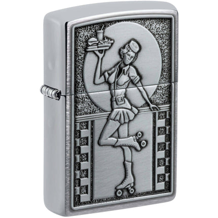 Zippo Lighter: Roller Skating Waitress Emblem Brushed Chrome | 48904