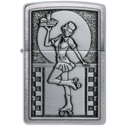 Zippo Lighter: Roller Skating Waitress Emblem Brushed Chrome | 48904