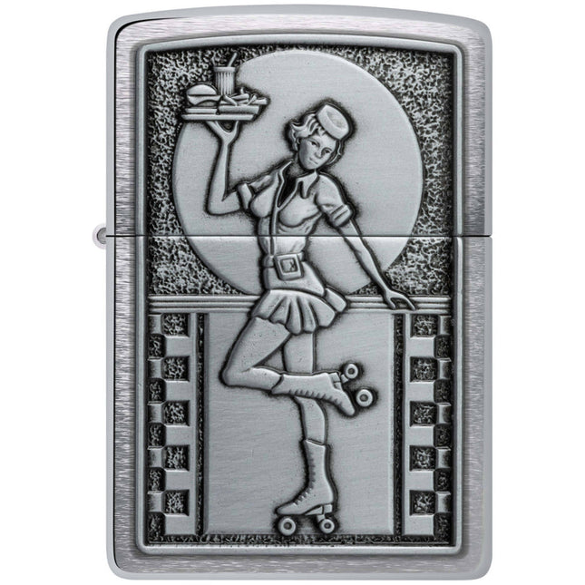 Zippo Lighter: Roller Skating Waitress Emblem Brushed Chrome | 48904