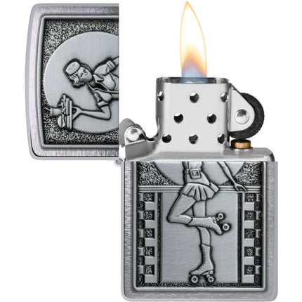 Zippo Lighter: Roller Skating Waitress Emblem Brushed Chrome | 48904