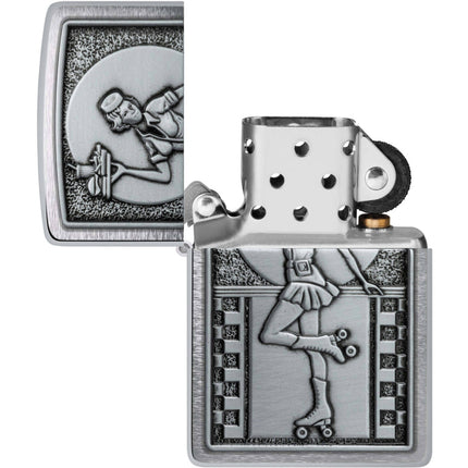Zippo Lighter: Roller Skating Waitress Emblem Brushed Chrome | 48904