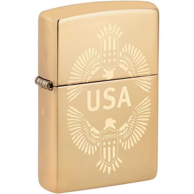 Zippo Lighter: Engraved USA Design Eagle Crest High Polish Brass | 48915