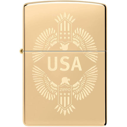 Zippo Lighter: Engraved USA Design Eagle Crest High Polish Brass | 48915