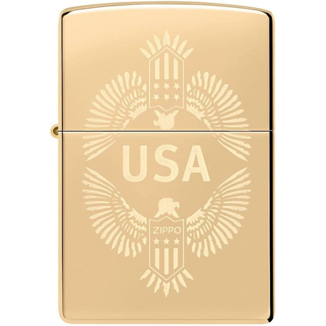 Zippo Lighter: Engraved USA Design Eagle Crest High Polish Brass | 48915