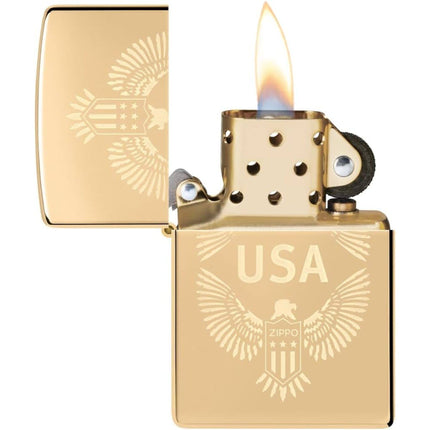Zippo Lighter: Engraved USA Design Eagle Crest High Polish Brass | 48915