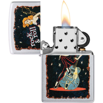 Zippo Lighter: Rock & Roll Guitar Girl Satin Chrome | 48930
