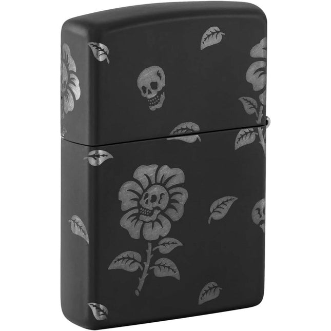 Zippo Lighter: Flower Skulls Design Black Matte | 48931