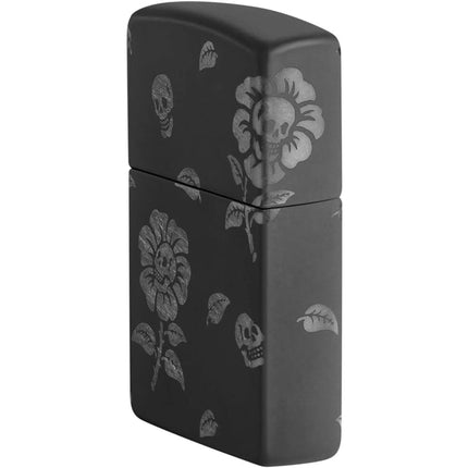 Zippo Lighter: Flower Skulls Design Black Matte | 48931