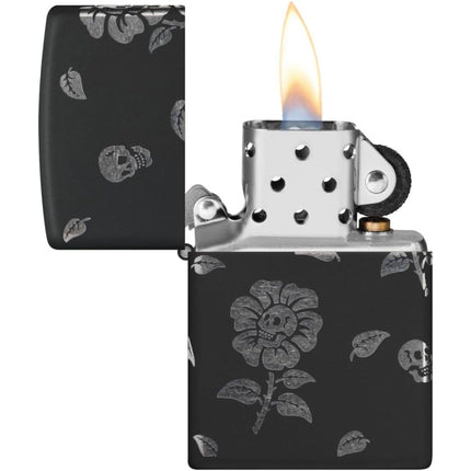 Zippo Lighter: Flower Skulls Design Black Matte | 48931