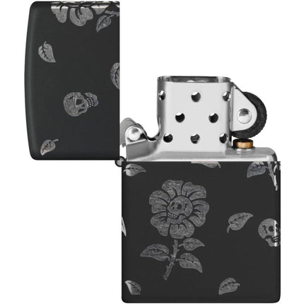 Zippo Lighter: Flower Skulls Design Black Matte | 48931