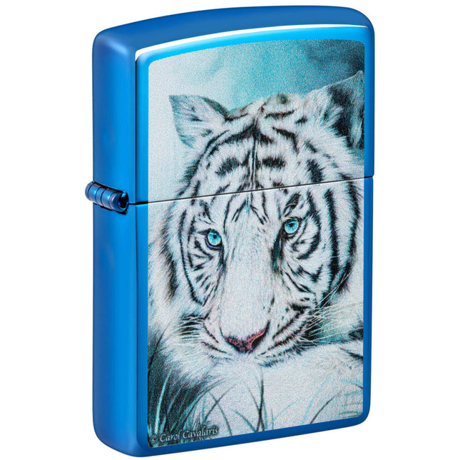 Zippo Lighter: Carol Cavalaris White Tiger Design High Polish Blue | 48951