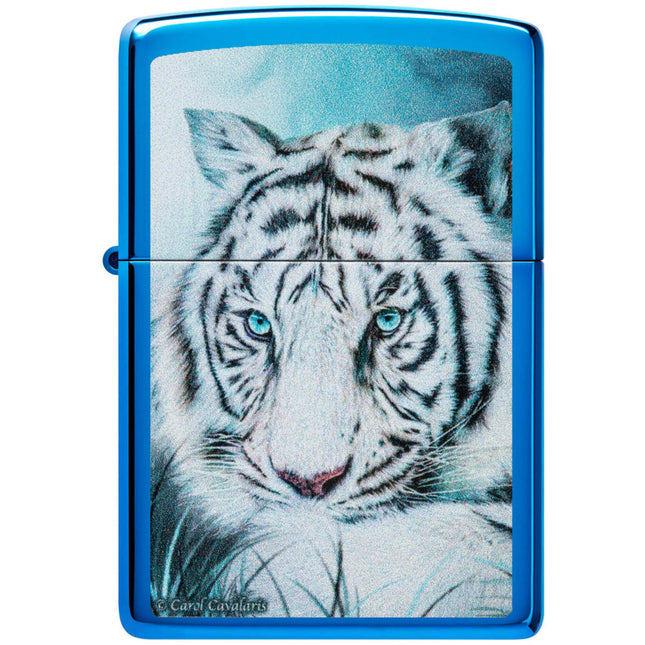 Zippo Lighter: Carol Cavalaris White Tiger Design High Polish Blue | 48951
