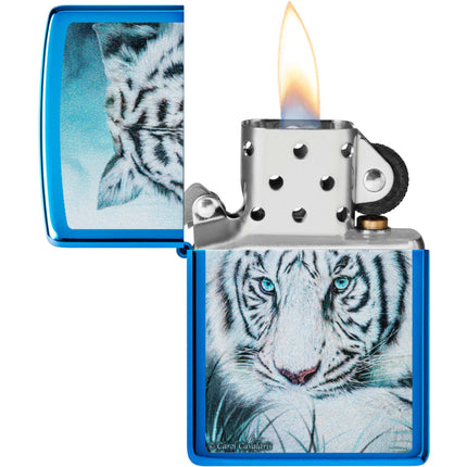 Zippo Lighter: Carol Cavalaris White Tiger Design High Polish Blue | 48951