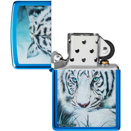 Zippo Lighter: Carol Cavalaris White Tiger Design High Polish Blue | 48951