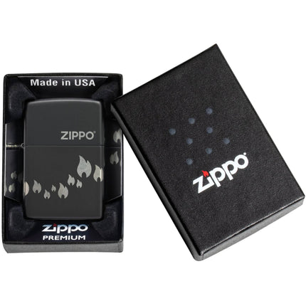 Zippo Windproof Lighter - Flame Icons Design Black Matte with Chrome Metal | 48980
