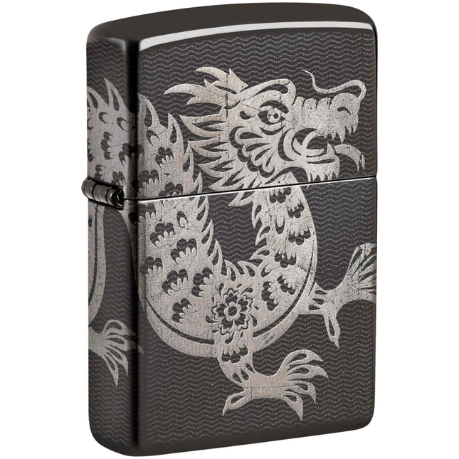 Zippo Windproof Pocket Lighter Lucky Dragon Design High Polish Black Metal 46260