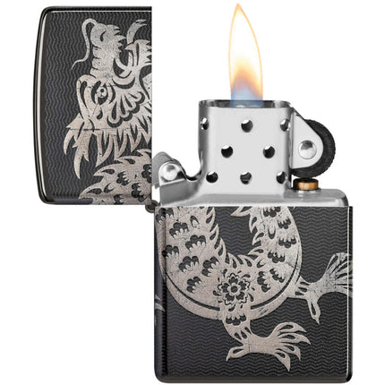 Zippo Windproof Pocket Lighter Lucky Dragon Design High Polish Black Metal 46260