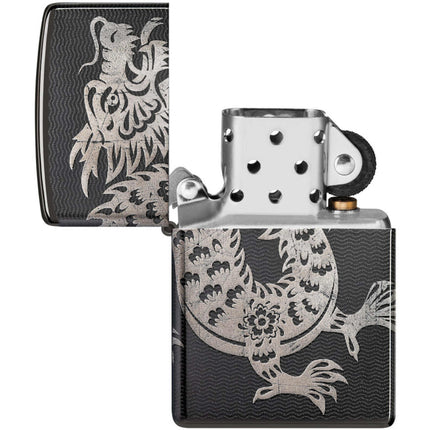 Zippo Windproof Pocket Lighter Lucky Dragon Design High Polish Black Metal 46260