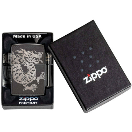 Zippo Windproof Pocket Lighter Lucky Dragon Design High Polish Black Metal 46260