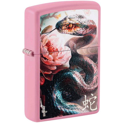 Zippo Lighter: Mazzi Snake and Flower Design Pink Matte | 46685