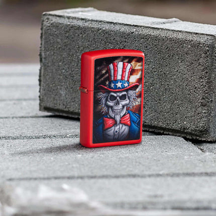 Zippo Lighter: Uncle Sam Skull Design Red Matte | 46696
